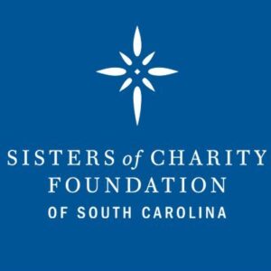 The Sisters of Charity Foundation of South Carolina logo features religious and charitable symbols, such as a cross. It also includes the foundation's name in a clear, white font on a blue background.