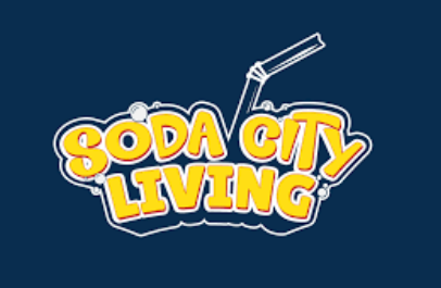 The "Soda City Living" logo features yellow bubble letters with a blue straw placed between "soda" and "city." Additionally, there are randomly placed bubbles surrounding the logo.