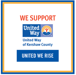 United Way Logo is a blue rectangle with a hand in the right corner holding a raised "Y" with a dot, surrounded by raised yellow semicircles. The hand represents support, and the yellow semicircles represent the sun, conveying a message of hope and assistance. We Support in red text and United We Rise in white.