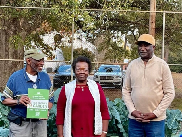 A group of individuals are gathered together to take a photograph in front of a communal garden.