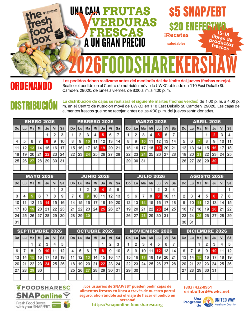 2026 foodshare produce box flyer in Spanish with order, pickup info, prices, and a full-year calendar.