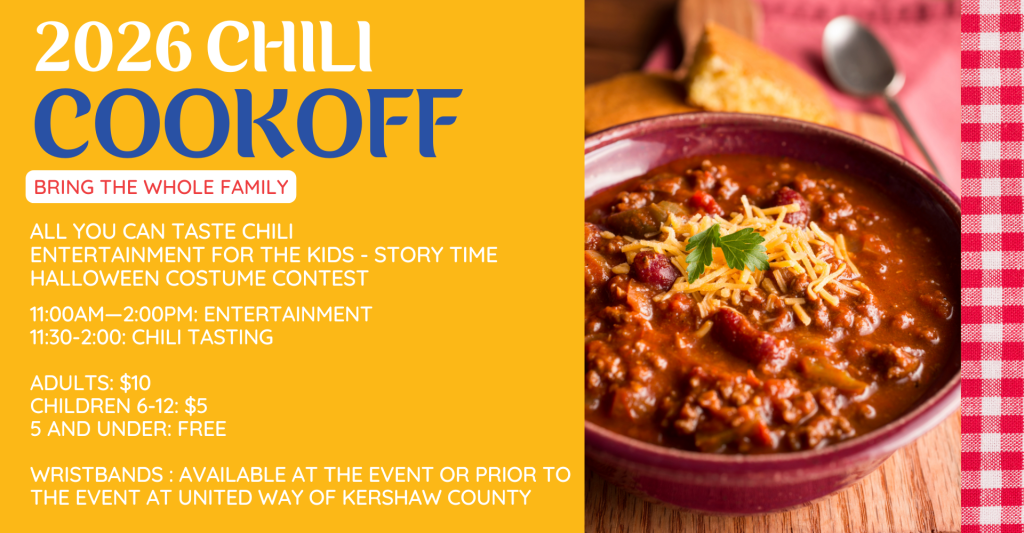 A bowl of chili with cornbread sits on a table next to text advertising a 2026 chili cookoff event.