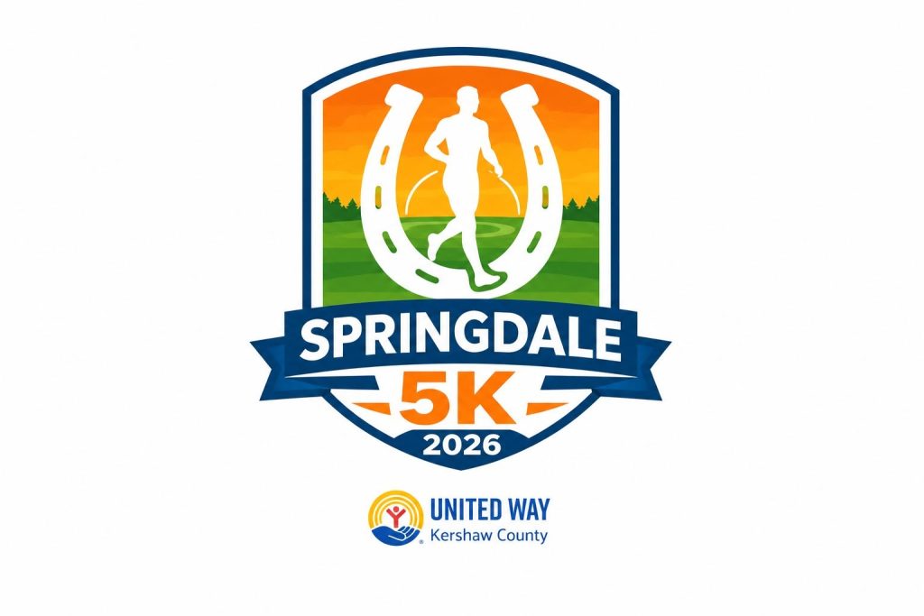 Springdale 5K 2026 logo with a runner silhouette, horseshoe, and United Way Kershaw County logo below.